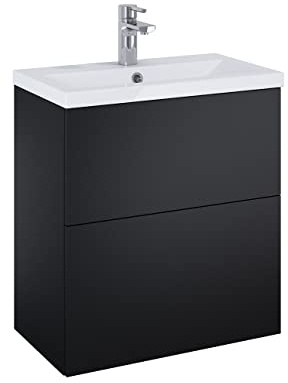 ELITA Conjunto De Mueble De Baño Okay 60 cm Negro Mate Lacado Incluye Mueble con Lavabo de Ceramica encastrado 2 cajones Tirador Vertical Mueble MONTADO Moderno