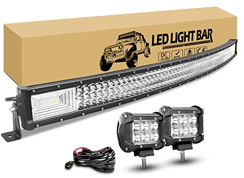 RIGIDON 130 cm 675W Led Bar Gebogen mit 12V Kabelbaum, 2x 10 cm Spotlight | Dreireihig Led Arbeitsscheinwerfer, Spot Offroad Zusatzscheinwerfer Arbeitslicht für Auto SUV LKW KFZ Traktor 4x4 Fahrzeuge