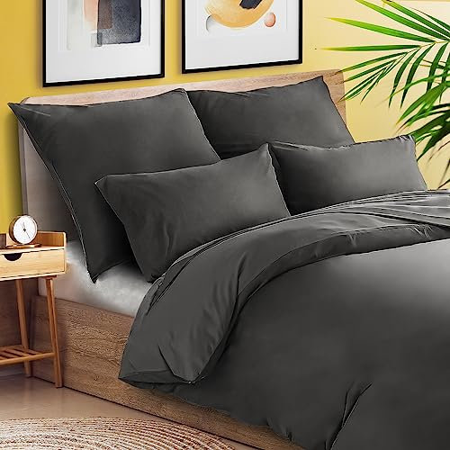 slummer Bettwäsche 135x200 Baumwolle 4teilig Anthrazit - Grau 2 Bettbezüge + 2 Kissenbezüge 80X80 cm, Oeko-TEX Bettwäsche-Sets mit Reißverschluss