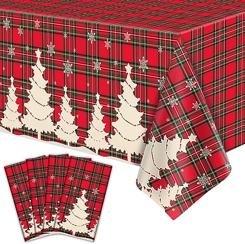 Dvaorc 4-teilige Weihnachten Tischdecke, Kariert, Buffalo Plaid, 51 x 86 IN (130 x 220 cm), Weihnachtsbaum und Schneeflocke, Party Dekoration, Kunststoff, Rechteckig, Weihnachten, Winterurlaub