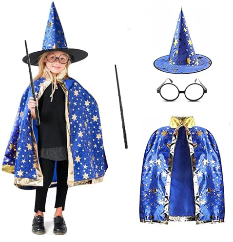 Anzmtosn Unisex Kids Party Fancy Dress Wizard Costumes Witch Cloak with Hat Wand Cape Hat Glasses Set Child's Costume for Carnival Halloween Brithday Cosplay Teenagers Children Boys Girls