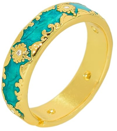 EjszaKod Anillo de estilo medieval vintage esmaltado de color turquesa plateado chapado en oro, circonita verde malaquita, apilable, elegante, anillos de amistad para mujer, talla 6 a 9