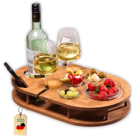 Couchbar Weinbar in Eiche mit 4 Glasschalen | PERSONALISIERBAR | Snackbox für Wein mit Getränkehalterung für Weingläser und Weinflasche | Sofabar für Snacks | Couch Bar personalisiert
