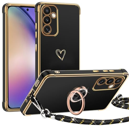 TUUTPU Handyband für Samsung Galaxy A55 5G Hülle mit Band, Herz Muster Handyhülle mit 360° Ring Ständer Dünn Silikon TPU Stoßfeste Schutzhülle mit Abnehmbar Kordel zum Umhängen mit Schnur, Schwarz