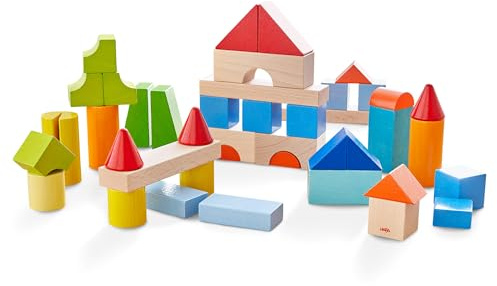 HABA My First Building Blocks - 46 Colourful Wooden Building Blocks with Cotton Bag - Made in Germany - For Children from 1 Year - Promotes Fine Motor Skills - 2010877001