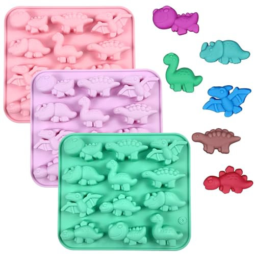 Stampo in Silicone Dino, 3 Pezzi - Stampo per Budino, Torta e Gelatina - Stampo per Caramelle e Cioccolato