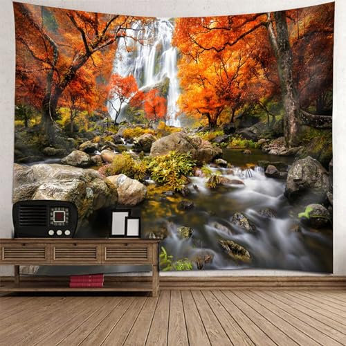 Mesnt Wandteppich Klein Natur, Orangenbaum, Stein und Wasserfall natürliche Landschaft Wandteppiche Wandkunst für Schlafzimmer Wohnzimmer, 150x150cm