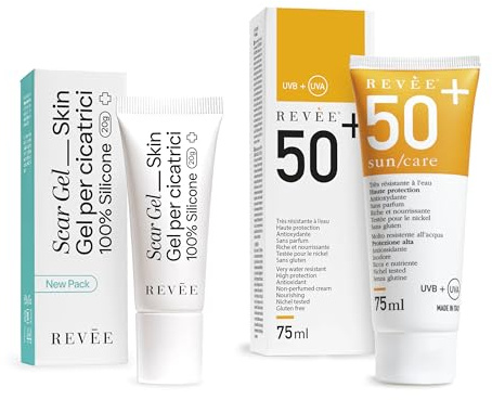 REVÉE Scar Gel Crema Cicatrici Chirurgiche 20gr Sun Care Crema Solare 50+ 75ml, Uso Combinato, Trattamento Completo Cura Cicatrici, Viso e Corpo, Nickel Tested, No Parabeni, Made in Italy