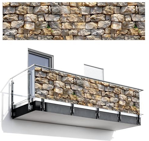 MuchoWow© Sichtschutz/Balkon Einseitig 80x300 cm Groß PVC Terrassen Garten ohne Bohren Wetterfest Gartenzaun Terrasse Balkonschutz Garten Deco Balkonomrandung Steine - Steinoptik - Grau - Pflanzen