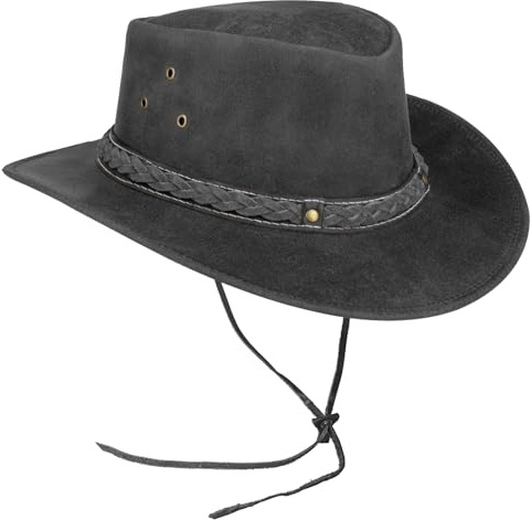 Pamposh Cowboyhut aus Leder für Herren und Damen, handgefertigt, leicht, Westernhut, formbar, langlebig, breite Krempe, Cowgirl-Hut, schwarz / grau, M