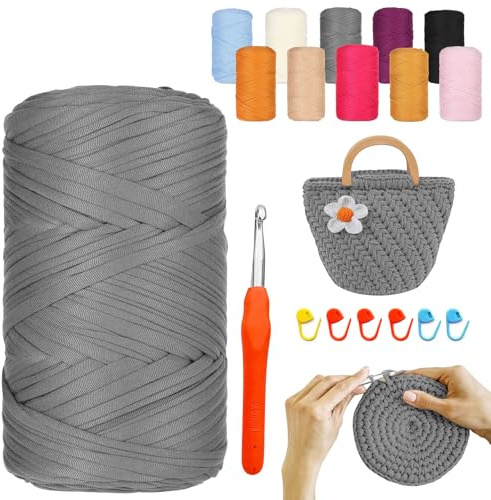 YushengTai Textilgarn, 400G/120M Textilgarn zum Häkeln Mit 9,0 mm Häkelnadel, Häkelgarn Tshirt Garn Für Taschen, Körbe, Decken, Heimdekoration (Grau)
