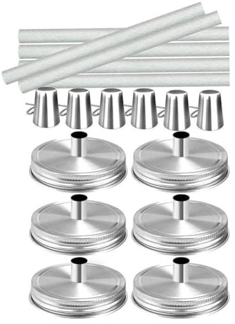 Pluuttiem Einmachglas-Tischfackel-Set, 6er-Packung mit Deckeln mit Normaler Öffnung, Dochten und Kappen, Öllampen für Den Außenbereich Als Dekoration für Terrasse und Garten