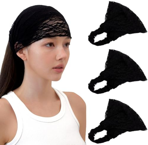 LONEEDY Bandeaux de cheveux en dentelle souple pour femmes, bandana à 2 voies pour filles, accessoire capillaire quotidien (3 x Noir, taille unique), 3 pièces