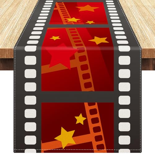 Runner da Tavolo per Serate Cinematografiche con Striscia Di Pellicola, Tovaglia In Lino Rosso con Decorazione a Stella Dorata, Bordo Nero con Griglia Bianca per Feste a Tema Cinematografico 33x183