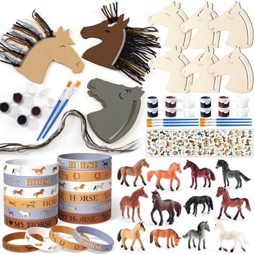 G.C Pferde Party Mitgebsel Kindergeburtstag mit Holz zum Basteln | ür 12 Kinder, Pferd Figuren Armband Tattoo, Pferd Give Aways Gastgeschenk Kindergeburtstag Bastelset Kinder Jungen Mädche