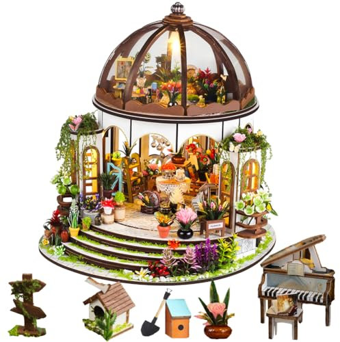 Cjeuxnr DIY Miniatur Puppenhaus Kit, 3D Puzzle Modell Gartenhaus Gewächshaus Zimmer mit Möbeln & LED Bauset Dekor für Erwachsene