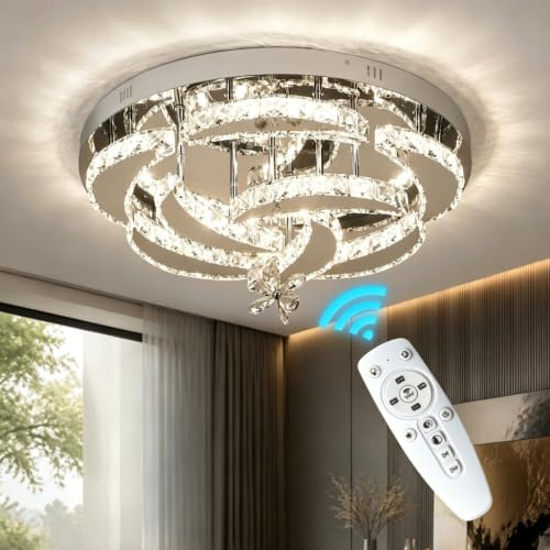 Kristall Kronleuchter LED Deckenleuchte 50cm mit Fernbedienung Wohnzimmer | 3 Farbtemperaturen dimmbar Spiral Blumen Aufbauleuchte Schlafzimmer Flur Eingang Küche