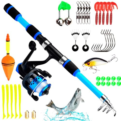 Behogan Angelset für Kinder, 1.8m Kinderangel Starter Set, Angelrute Set Kinder mit Angelrolle und Köder Set,Kohlefaser Teleskop Angelruten und Rolle,Kinderangel Starter Set,Angel Zubehör für Kinder