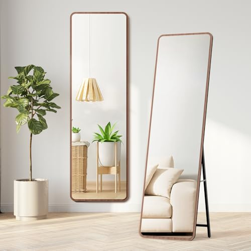 Warmiehomy 160X50cm Wooden Frame Full Length Mirror, Rectangular Standing Full Body Mirror, Hanging or Leaning Against Wall for Bedroom Cloakroom Living Room, Walnut