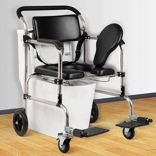 XSMYdpuk 4-in-1-Dusch-Toilettenrollstuhl, Faltbarer Nachttisch-Toilettenstuhl mit Armlehnen, tragbarer Duschrollstuhl mit Rädern für ältere Menschen mit Behinderung, Schwarz