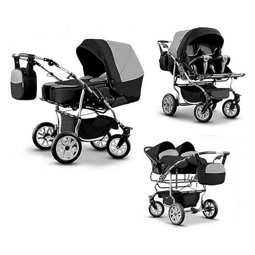 Cochecito doble gemelar 3en1. Carrito las 3 piezas y accesorios: 2 capazos + 2 sillas de paseo + 2 sillas de coche + accesorios. BBtwin DUET Grey
