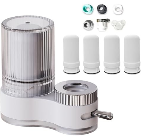 Filtro de agua para lavabo, filtro de agua compuesto de 7 capas, filtro de agua para grifo, purificador de agua de alta eficiencia, ajuste de agua ajustable (blanco, con 4 filtros)