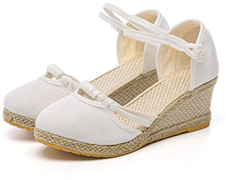 Sandali da donna con zeppa, punta chiusa, scarpe estive alla moda, espadrillas con cinturino alla caviglia, pantofole imbottite eleganti e comode, bianco, 39 EU