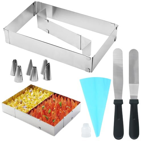 JASFLY Marco para hornear rectangular, longitud ajustable, 28 – 53 cm, anillo para tartas, reutilizable, de acero inoxidable, molde rectangular con divisor, espátula, juego de boquillas decorativas