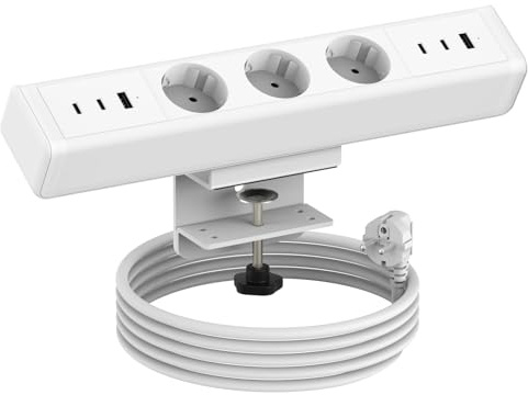 Tischsteckdose Klemmbar mit USB C, Haiaoyyds 3-Fach Schreibtisch Steckdosenleiste mit 6 USB Ports,1,8m Kabel, Steckdose Schreibtisch für Büro & Zuhause (Weiß)