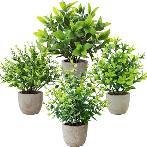 Bafenli Fake Plants 4 Pack Artificial Plants Small Faux Plants with Pots for Home Bathroom Office Desk Decor Indoor