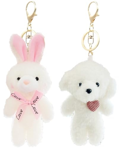 NHPY 2 Pièces Porte Clef Peluche Chiot/Lapin,bag charm, Peluche Porte Clé, Chiot/Lapin Plush Keychain Toy For Kids With Pink Heart 13 Cm Stuffed Chiot/Lapinplush Backpack Bag Pendant Gift(2Forme)