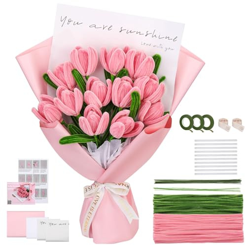 Rosa Tulip Bouquet Pfeifenreiniger Set, Pfeifenreiniger Blumen Set, Pfeifenputzer Blumen Zum Basteln, Mit Grüne Blumenstöcke, Klebebandrollen, Klebestifte, Anleitungen, Blumenstraußverpackungen (Rosa)