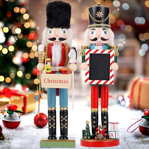 COMBIUBIU 2PCS Nussknacker Figur 38CM,Nussknacker Soldat Aus Hochwertigem Kiefernholz,Deko FüR Zuhause Kamin Tischdekoration,Weihnachten Weihnachtsdekoration Und Geschenke,Weihnachtsparty Dekoration