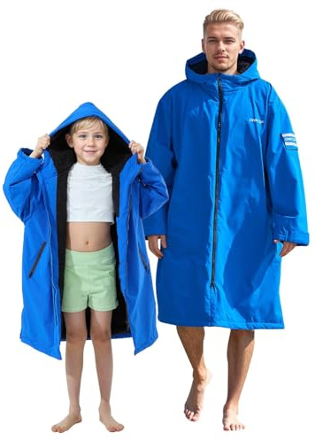 Owntop Wasserdichter Wickelmantel für Erwachsene - Winddichte Kapuzenmantel mit Sherpa-Fleece-Futter | Individueller Klettpatch | Übergroßer Wärmemantel für Schwimmen Surfen Strand (Blau,M)