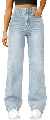Denim breda ben byxor för kvinnor hög midja byxor för kvinnor mode slim fit baggy jeans lätta vardagliga beskurna byxor med fickor lösa stretchiga raka ben jeans plusstorlek jeansbyxor, Blå-1, XL
