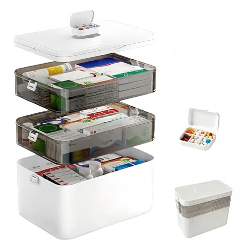 LEBOKJ 3-stöckige Medizinbox mit Tragegriff – Weiße Hausapotheke Arzneimittelaufbewahrungsbox mit entfernbaren Fächern, Ideal für Haushalt, Reise & Büro, Großer Erste Hilfe Kasten (31x16,5x25,5cm)