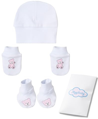MyyBaby - Neugeborenen Mütze, Fäustlinge & Füßlinge Set, 100% Bio-Baumwolle, Erstausstattung Premium Qualität, 3-teiliges Baby Geschenkset zur Geburt, Babygeschenk, 0-4 Monate