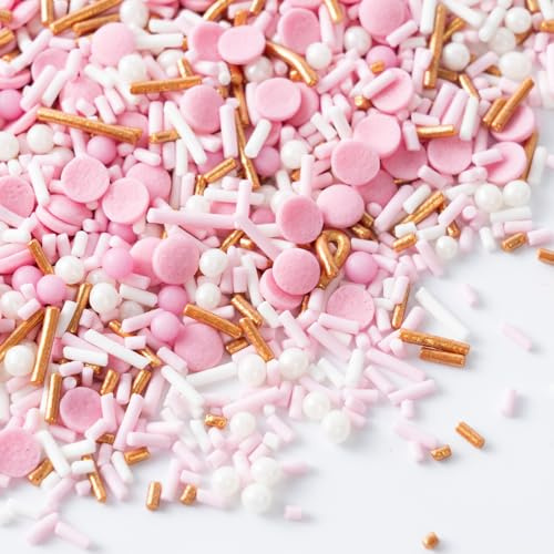 Essbare Rosa Zuckerstreusel 120g - Natürlichen Streusel Rosa Deko mit Perlen Konfetti & Gold Jimmies für Kuchen, Kekse, Cupcakes & Torten für Valentinstag Hochzeiten und tägliche Kuchendekorationen