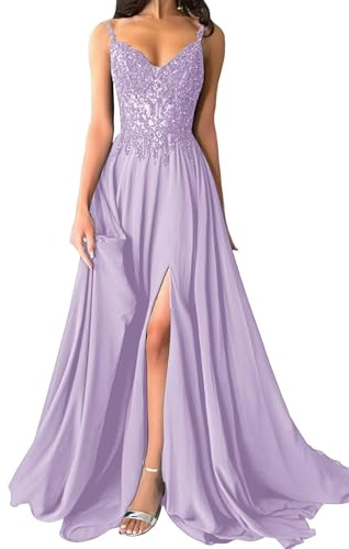 Sparkly Chiffon-Abendkleider Lang V-Ausschnitt Spitzenapplikationen Brautjungfernkleid A-Linie Ballkleider mit Schlitz