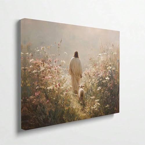 Jesus verlässt die 99 Poster Hirte Blumen Christliche religiöse Wandkunst Leinwanddruck Das verlorene Schaf Kunst Ästhetische Dekoration (70x100cm/Rahmenlos)
