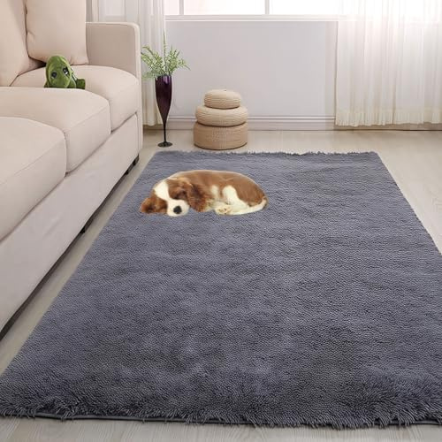 Tappeto moderno grigio a pelo alto, 125 x 215 cm, retro antiscivolo, lavabile, facile da pulire, design minimalista per soggiorno e camera da letto