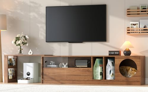 kozamas - Mueble de TV giratorio y extensible de hasta 260 cm, con cama para gatos integrada, mueble de TV bajo con fachada de cristal de nogal (1, nogal + MDF + cristal + 260 cm)
