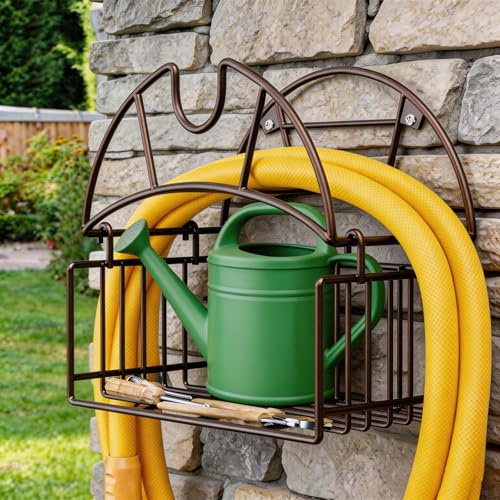 Soporte Manguera Jardin, Soporte de Pared para Manguera de Jardín con Cesta de Almacenamiento de Herramientas Metal de Gran Resistencia Portamangueras Pared para Garaje Patio Garaje Césped