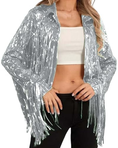 Damen Pailletten Jacke mit Fransen Glitzer Cardigan Langarm Blazer Offene Vorderseite Party Jacken 70er Jahre Disco Outfit Paillettenjacke für Karneval Fasching Festival Clubwear Nachtclub 2026