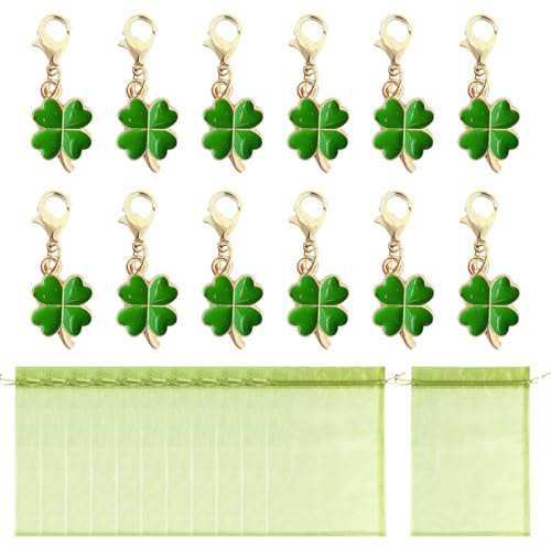TIHNY Lot de 12 Porte-clés Trèfle à Quatre Feuilles, Pendentif en Acier Inoxydable avec Sachets en Organza, Cadeau Porte-bonheur pour Collèges, Étudiants et Adieux