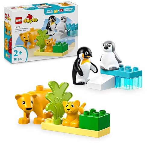 LEGO DUPLO Wildtier-Familien: Pinguine und Löwen – Spielzeug zur Förderung der Feinmotorik für Mädchen & Jungen ab 2 Jahren – Lernspielzeug für Kleinkinder mit 4 Tierfiguren – Geschenkidee – 10442