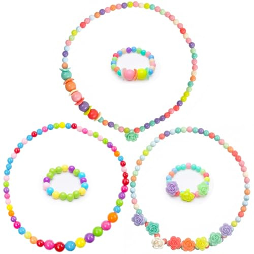 BigOtters Toddler Necklace Bracelet, 3 Sets Kids Jewelry for Girls Colorful Beads, Costume Dress up Jewelry Gifts Princess Party Favors