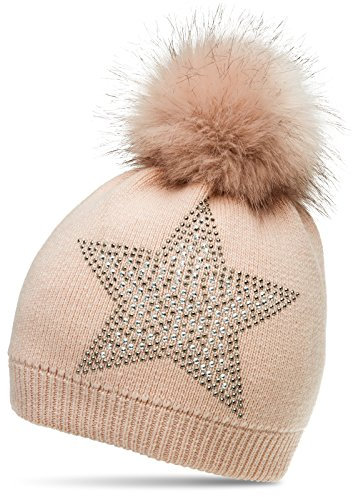 Caspar MU159 Damen Fein Strick Winter Mütze mit Kunstfell Bommel und Glitzer Strass Stern, Größe:One Size, Farbe:rosa