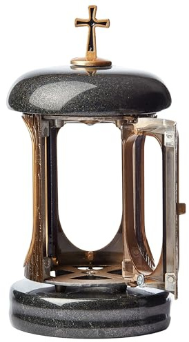 Large Round Granite Memorial Lantern – H 8.6 (22cm) Black Graveside Tribute with Cross & Antique Gold Frame - Funeral Gift, Cemetery Grave Ornament, Memory Candle Holder for Graveyard