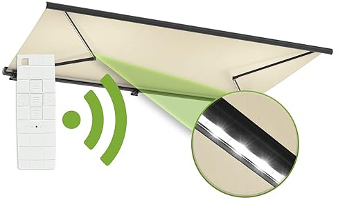 empasa Elektrische Vollkassettenmarkise Profi mit LED Beleuchtung Markise | Kassettenmarkise Gelenkarmmarkise Sonnenschutz mit Fernbedienung, komplett vormontiert, Farbe:elfenbein, Größe:300 x 250 cm